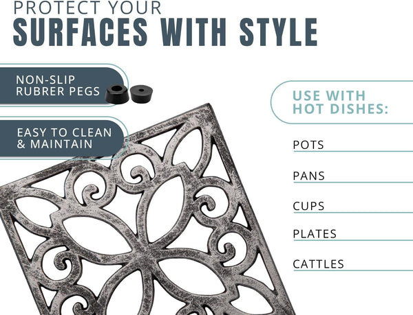 Decorative Cast Iron Trivet – Square Pattern for Kitchen or Dining Table – back view – Comfify