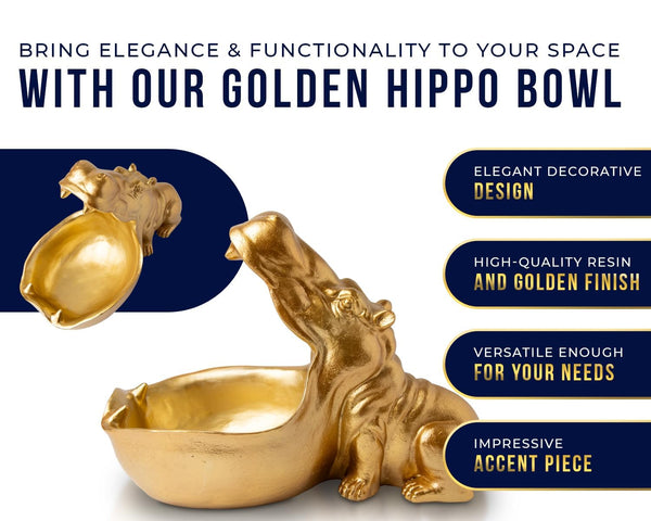 Funky Hippo Resin Bowl – Decorative Golden Hippopotamus Figurine for Snacks, Keys & Trinkets – Playful Modern Home Accent