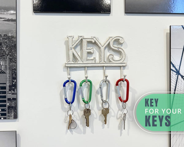 Key Holder for Wall - Decorative Farmhouse Rustic Wall Mount Key Organizer with 4 Hooks - Vintage Cast Iron Key Rack with Screws and Anchors – 6x8 - White – back view – Comfify
