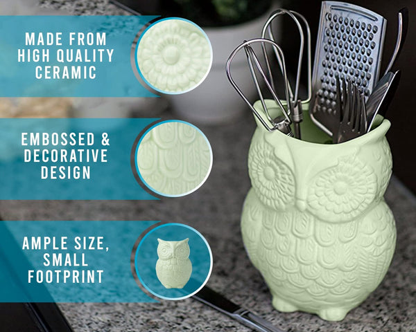 Owl Utensil Holder Decorative Ceramic Cookware Crock & Organizer, in Lovely Green Color - Utensil Caddy and Perfect Kitchen Ceramic Decor Gift - 5” x 7” x 4” Size – side angle – Comfify