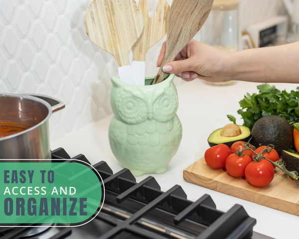 Owl Utensil Holder Decorative Ceramic Cookware Crock & Organizer, in Lovely Green Color - Utensil Caddy and Perfect Kitchen Ceramic Decor Gift - 5” x 7” x 4” Size – back view – Comfify
