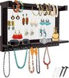 Rustic Wall Mounted Jewelry Organizer – Vintage Jewelry Holder with Shelf, Removable Bracelet Rod & 16 Hooks for Earrings, Necklaces & Bracelets