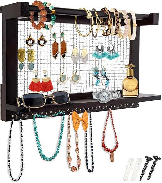 Rustic Wall Mounted Jewelry Organizer – Vintage Jewelry Holder with Shelf, Removable Bracelet Rod & 16 Hooks for Earrings, Necklaces & Bracelets