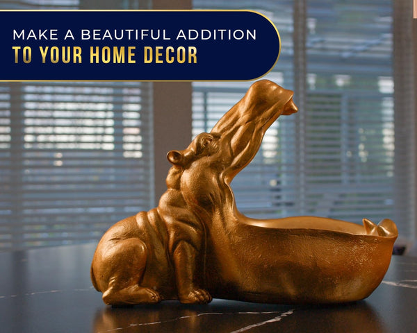 Funky Hippo Resin Bowl – Decorative Golden Hippopotamus Figurine for Snacks, Keys & Trinkets – Playful Modern Home Accent