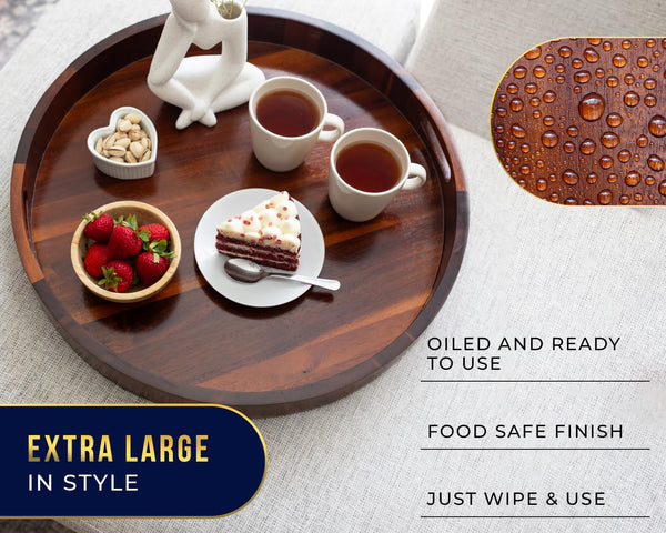 Comfify 22" Dark Brown Acacia Wood Round Serving Tray – Modern Multi-Purpose Tray for Food, Patio, and Home Organization