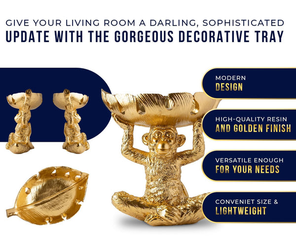 Adorable Monkey Resin Bowl with Split Leaf Dish – Detailed Sculpture for Snacks, Nuts, Candies & More – Modern Gold Finish Decor for Keys & Jewelry