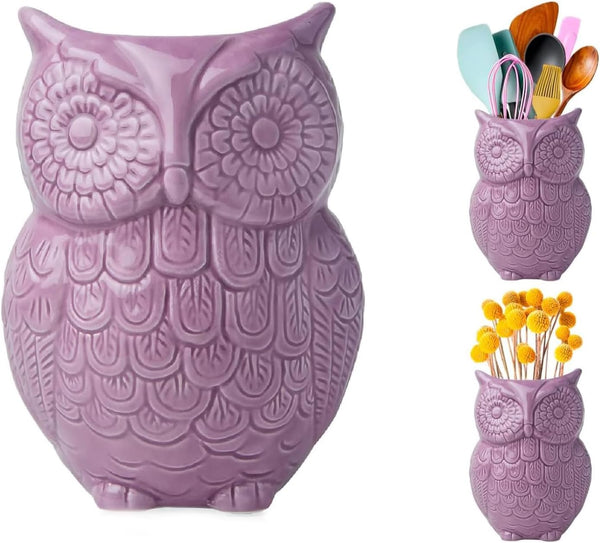 Owl Utensil Holder Decorative Ceramic Cookware Crock & Organizer, in Lovely Purple Color - Utensil Caddy and Perfect Kitchen Ceramic Decor Gift - 5” x 7” x 4” Compact & Cute – front view – Comfify
