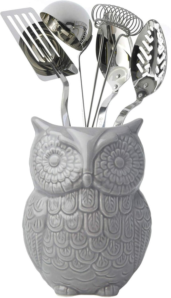 Owl Utensil Holder Decorative Ceramic Cookware Crock & Organizer, in Lovely Grey Color - Utensil Caddy and Perfect Kitchen Ceramic Decor Gift - 5" L x 7" H x 4" W – front view – Comfify