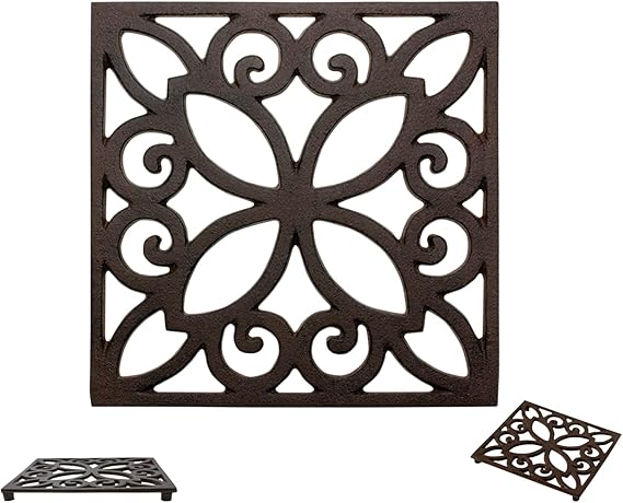 Cast Iron Trivet with Vintage Pattern and Rubber Pegs