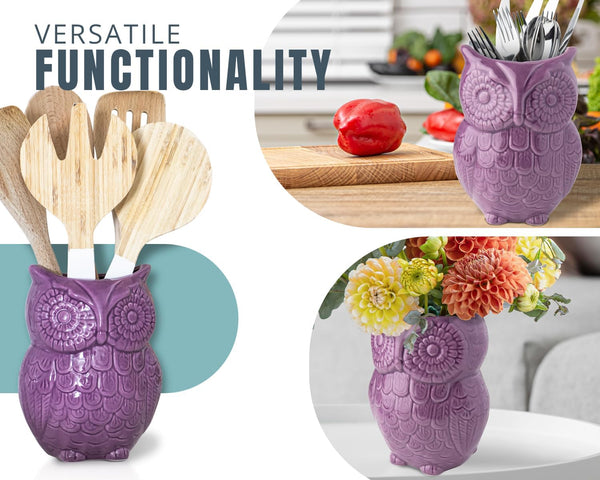 Owl Utensil Holder Decorative Ceramic Cookware Crock & Organizer, in Lovely Purple Color - Utensil Caddy and Perfect Kitchen Ceramic Decor Gift - 5” x 7” x 4” Compact & Cute – detail close-up – Comfify