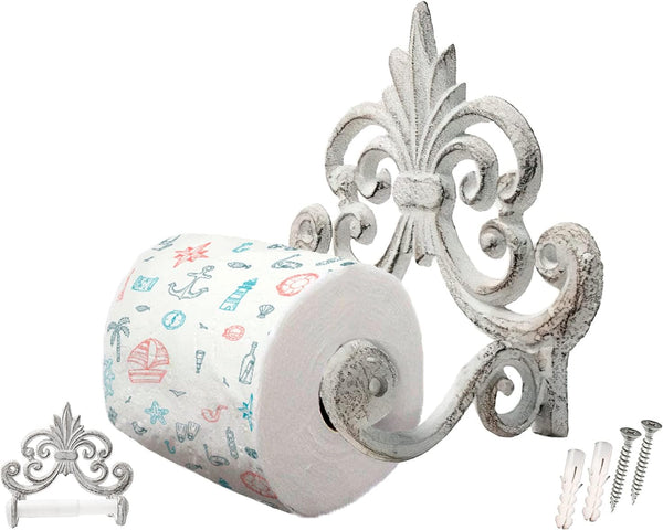 Fleur De Lis Cast Iron Toilet Paper Holder – Wall Mounted Tissue Dispenser – front view – Comfify