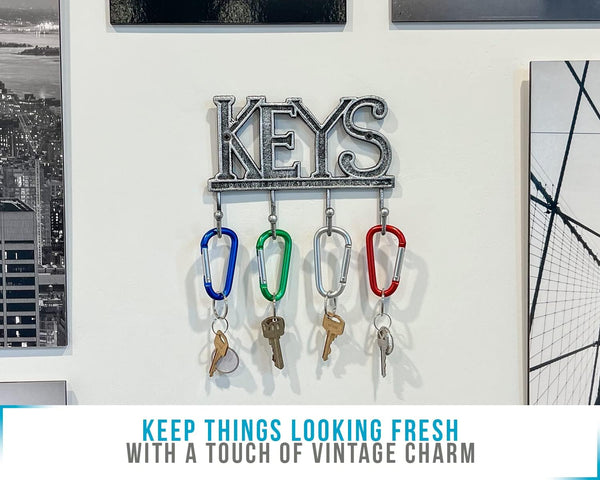 Key Holder for Wall - Decorative Farmhouse Rustic Wall Mount Key Organizer with 4 Hooks - Vintage Cast Iron Key Rack with Screws and Anchors – 6x8 - Gray – packaging view – Comfify