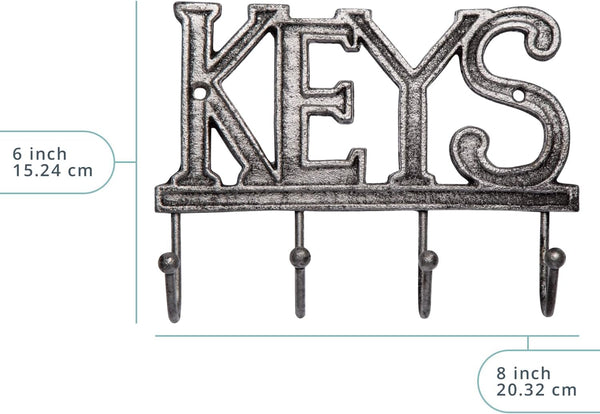 Key Holder for Wall - Decorative Farmhouse Rustic Wall Mount Key Organizer with 4 Hooks - Vintage Cast Iron Key Rack with Screws and Anchors – 6x8 - Gray – front view – Comfify