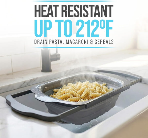 XL Large Kitchen Strainer - Collapsible Silicone Over-The-Sink Colander with Extendable Handles - Use with Pasta, Fruit, Berries & Veggie - 6 Quart - Gray – detail close-up – Comfify