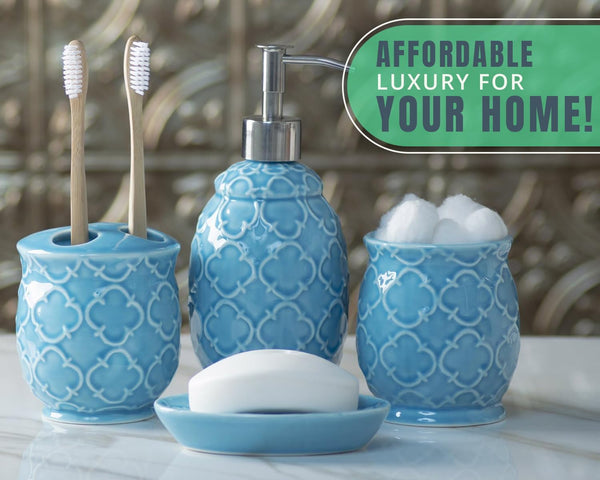 4-Piece Bathroom Accessory Set - Ceramic Bath Set with Blue Glossy Finish - Modern Vanity Accessories Including Soap Dish, Tumbler, and Toothbrush Holder – back view – Comfify