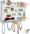 Rustic Wall Mounted Jewelry Organizer – Vintage Jewelry Holder with Shelf, Removable Bracelet Rod & 16 Hooks for Earrings, Necklaces & Bracelets