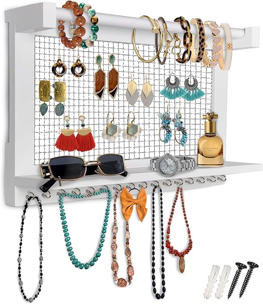 Rustic Wall Mounted Jewelry Organizer – Vintage Jewelry Holder with Shelf, Removable Bracelet Rod & 16 Hooks for Earrings, Necklaces & Bracelets
