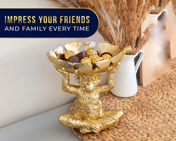 Adorable Monkey Resin Bowl with Split Leaf Dish – Detailed Sculpture for Snacks, Nuts, Candies & More – Modern Gold Finish Decor for Keys & Jewelry