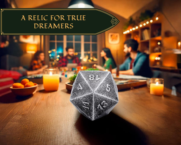 Frosted Iron Cast D20 Dice – Heavy Metal 20-Sided Die for DND & RPG | Weathered Silver Finish | Gift-Ready Display, Paperweight, Collector’s Piece