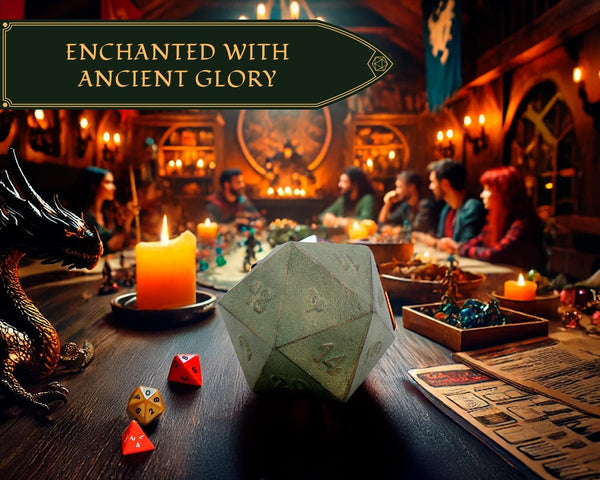 Verdigris Cast Iron D20 Dice – Large, Heavy 20-Sided Metal Die for DND & RPG | Gift-Ready Display, Paperweight & Collector’s Relic