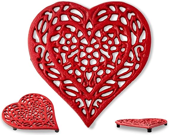 Cast Iron “Heart” Trivet with Rustic Finish and Rubber Pegs