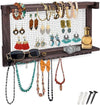 Rustic Wall Mounted Jewelry Organizer – Vintage Jewelry Holder with Shelf, Removable Bracelet Rod & 16 Hooks for Earrings, Necklaces & Bracelets