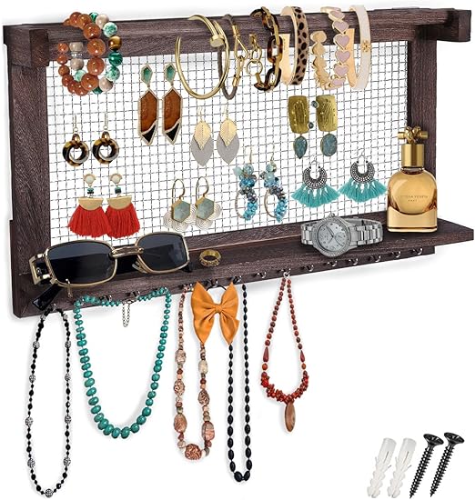 Rustic Wall Mounted Jewelry Organizer – Vintage Jewelry Holder with Shelf, Removable Bracelet Rod & 16 Hooks for Earrings, Necklaces & Bracelets