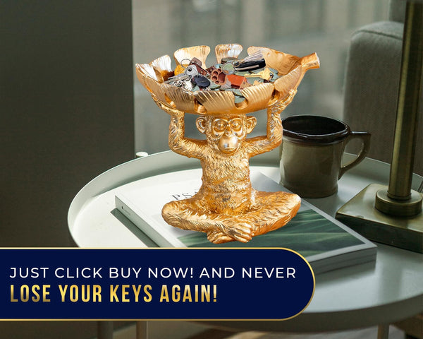 Adorable Monkey Resin Bowl with Split Leaf Dish – Detailed Sculpture for Snacks, Nuts, Candies & More – Modern Gold Finish Decor for Keys & Jewelry
