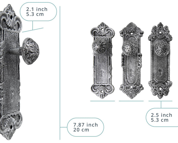 Set of 3 Shabby Chic Cast Iron Wall Hooks – Silver & Black "Door Knob" Coat Hooks with Screws & Anchors – side angle – Comfify