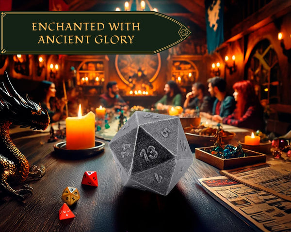 Frosted Iron Cast D20 Dice – Heavy Metal 20-Sided Die for DND & RPG | Weathered Silver Finish | Gift-Ready Display, Paperweight, Collector’s Piece