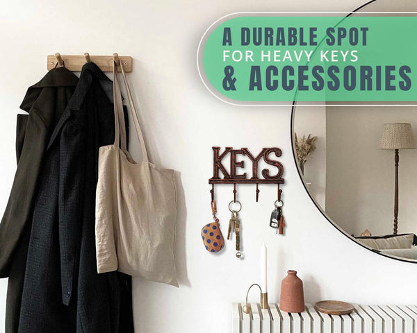 Key Holder for Wall - Decorative Farmhouse Rustic Wall Mount Key Organizer with 4 Hooks - Vintage Cast Iron Key Rack with Screws and Anchors – 6x8 - Copper with Black – back view – Comfify