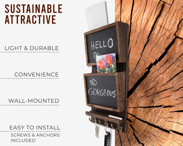 Rustic 2-Slot Mail Sorter Organizer for Wall with Chalkboard Surface & 3 Double Key Hooks