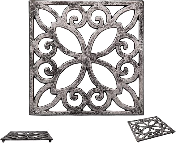 Cast Iron Trivet with Vintage Pattern and Rubber Pegs