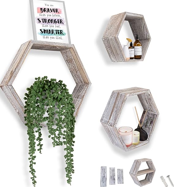 Rustic Wall Mounted Hexagonal Floating Shelves – Set of 3
