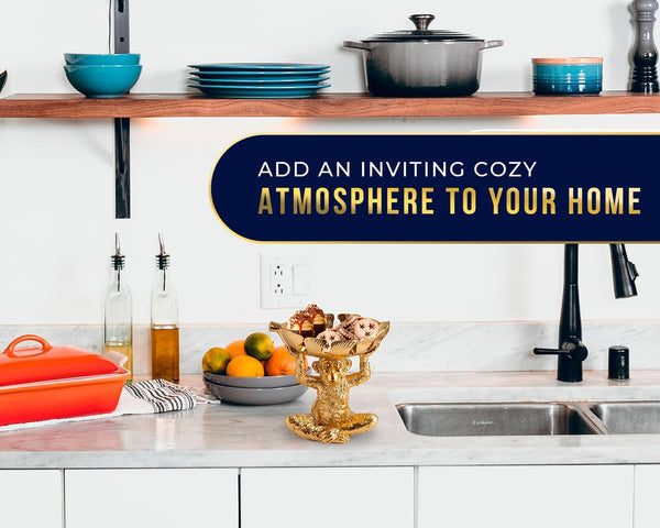 Adorable Monkey Resin Bowl with Split Leaf Dish – Detailed Sculpture for Snacks, Nuts, Candies & More – Modern Gold Finish Decor for Keys & Jewelry