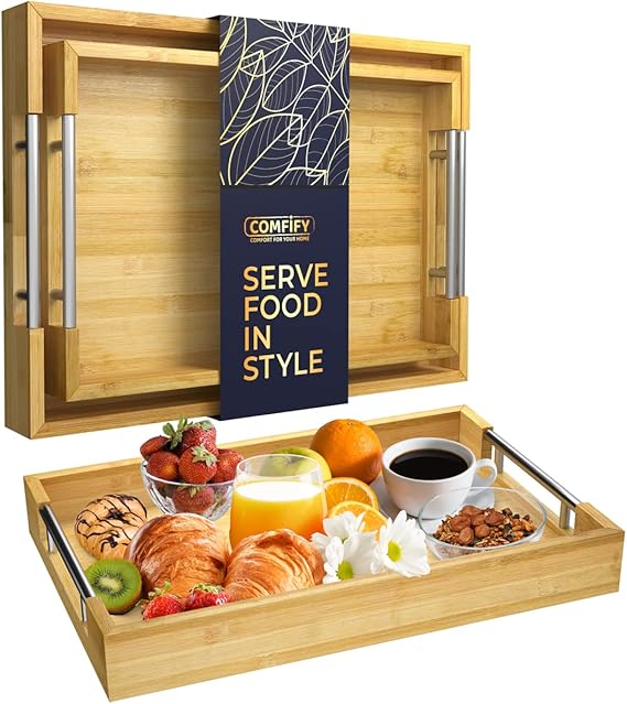 Unique Nesting, Bamboo Serving Trays with Handle – Set of 2