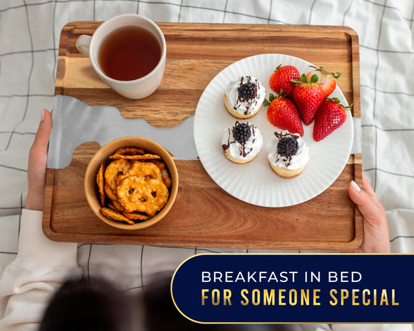 Modern 12x16 Pearl White Resin & Acacia Wood Serving Tray – Stylish Tray for Food, Breakfast in Bed, Coffee Table, Décor & More