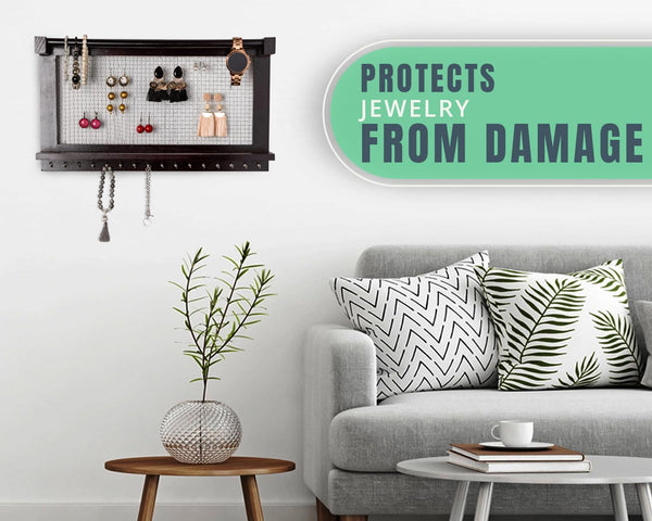 Rustic Wall Mounted Jewelry Organizer – Vintage Jewelry Holder with Shelf, Removable Bracelet Rod & 16 Hooks for Earrings, Necklaces & Bracelets