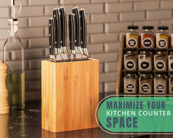 Ergonomic Bamboo Knife Block – Wide Countertop Holder for All Knife Sizes – Sleek, Durable & Versatile Kitchen Organizer