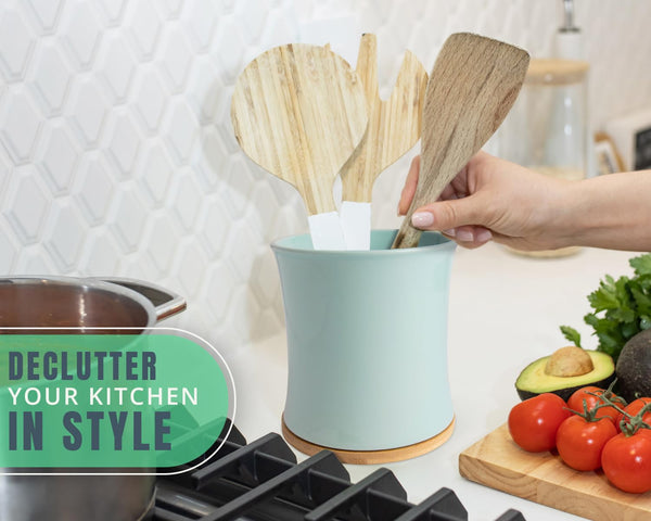 Comfify Blue Ceramic Utensil Holder with Bamboo Base – Large Kitchen Counter Organizer for Spoons, Spatulas & Cooking Tools