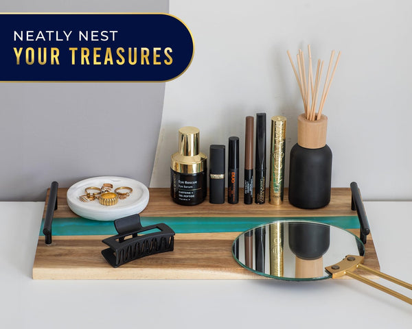 Celeste Blue Resin & Acacia Wood Serving Tray with Handles – 16x9" Decorative Board for Food, Coffee Table, Skincare & More
