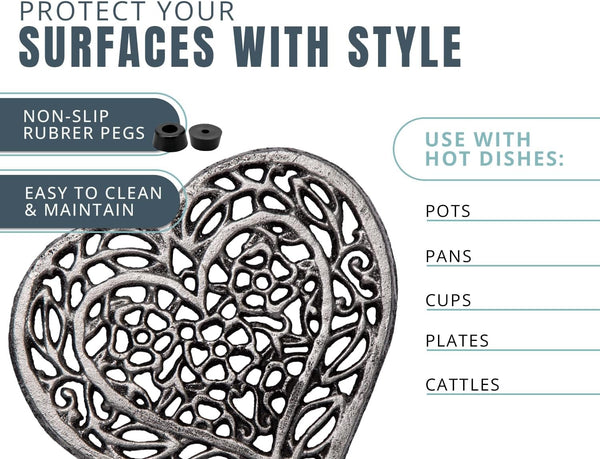Cast Iron “Heart” Trivet with Rustic Finish and Rubber Pegs