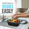 Over-the-Sink Colander with Handles – Sleek Plastic Black Kitchen Strainer for Pasta, Vegetables & Fruits – back view – Comfify