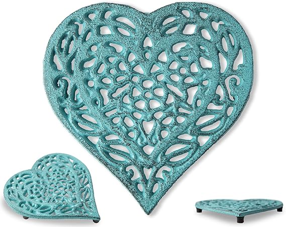Cast Iron “Heart” Trivet with Rustic Finish and Rubber Pegs
