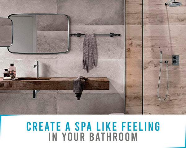 Industrial Pipe Decor Set for 4 Piece Bathroom Fixture Set: 1 Paper Holder, 1 Robe Hook, 1 Towel Ring & 1 Towel Bar in Matte Black – Farmhouse Bath Accessories/w Screws & Anchors - Square – back view – Comfify
