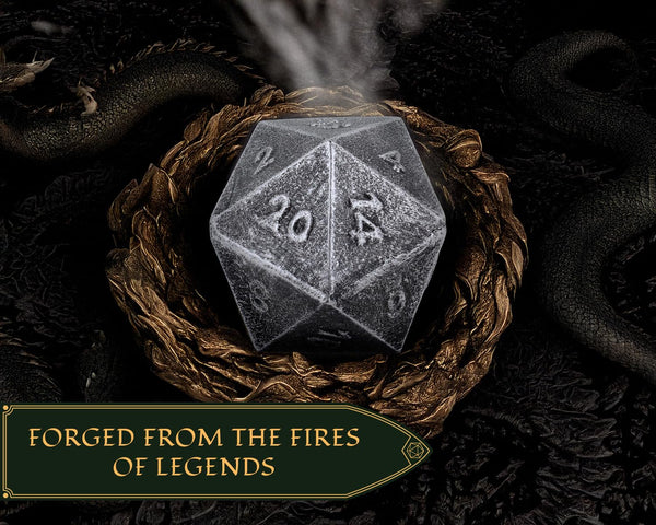 Frosted Iron Cast D20 Dice – Heavy Metal 20-Sided Die for DND & RPG | Weathered Silver Finish | Gift-Ready Display, Paperweight, Collector’s Piece