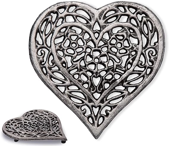 Cast Iron “Heart” Trivet with Rustic Finish and Rubber Pegs