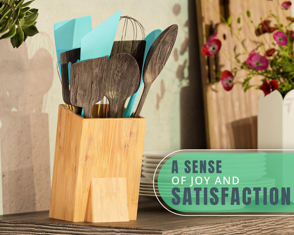 Modern Bamboo Utensil Holder for Kitchen Counter – Large Upright Utensil Crock & Organizer by Comfify