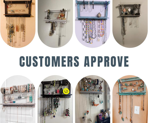 Rustic Wall Mounted Jewelry Organizer – Vintage Jewelry Holder with Shelf, Removable Bracelet Rod & 16 Hooks for Earrings, Necklaces & Bracelets