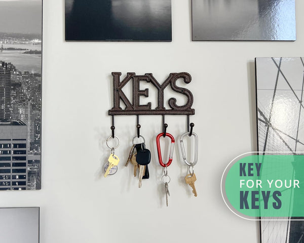 Rustic Farmhouse Wall Key Holder – Vintage Cast Iron Key Rack with 4 Hooks – Decorative Wall Mount Organizer with Screws & Anchors – 6x8” (Brown)